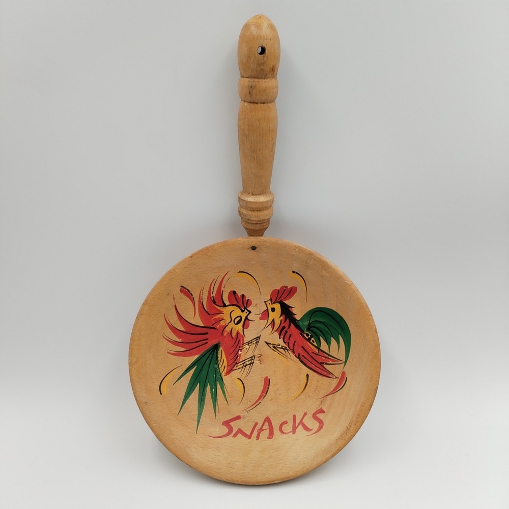 Vintage Hand Painted Wooden Rooster Snack Bowl Handle MCM Folk‎ Art Foreign Mark